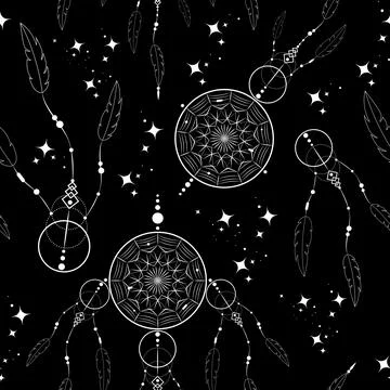 Dreamcatcher doodle seamless pattern, mandala ornament and magic stars イラスト素材