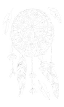 Dreamcatcher with feathers and  beaded strings. Stock Illustration