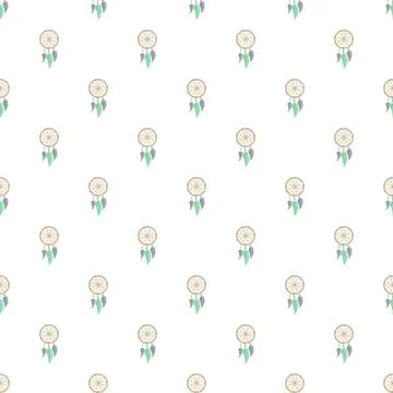 Dreamcatcher repeating pattern with feathers on white background Stock Illustration