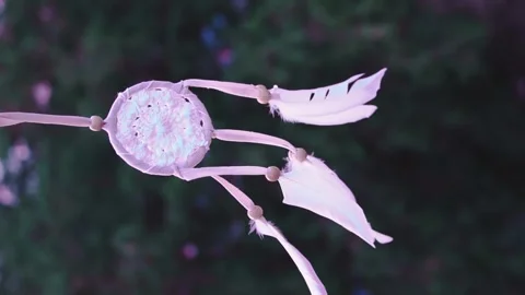 Dreamcatcher with white feather thread and beaded string. Handmade Dreamcatcher. Stock Footage 171763553