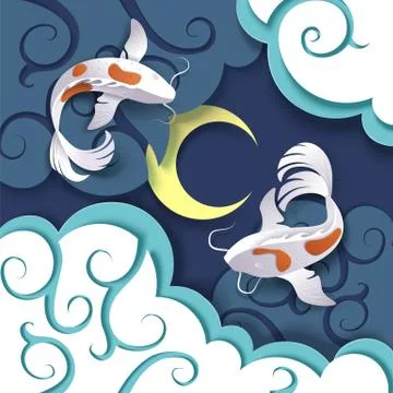 Dreaming catfish couple, vector paper cut illustration Illustrazione stock