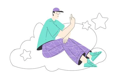 Dreaming Man Character Sitting on Cloud Having Fancy Imagination Vector 库存插图