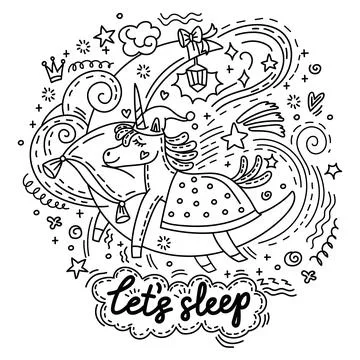 Dreaming unicorn sleeping on a moon vector doodle illustration Ilustração Stock