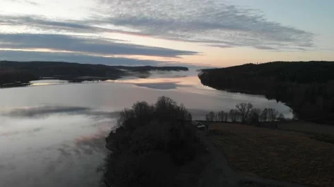 Dreamlike View Clouds Reflecting on Water Surface on Lake, Aerial Stock Footage 145712649