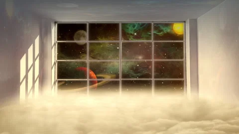 Dreamlike Window Scene Over Clouds Opening into Cosmic Planets and Nebula Stock Footage 341963473