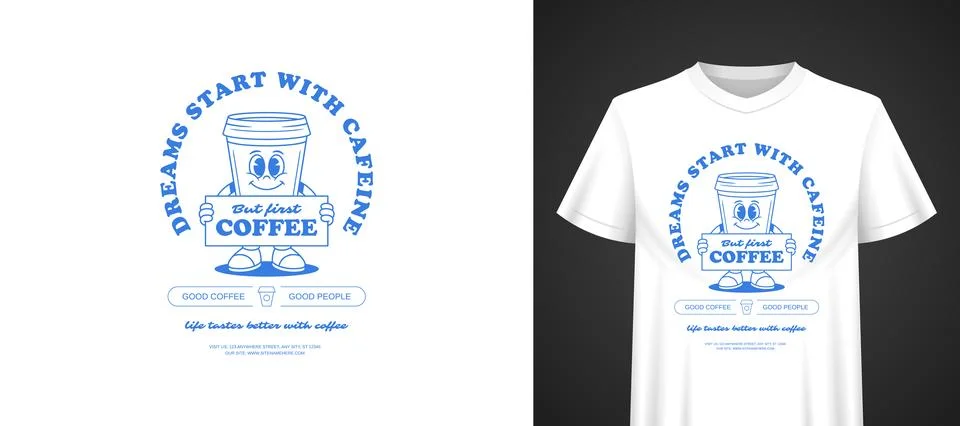 Dreams Start With Caffeine Vector Template  Cartoon TShirt Print Illustrazione stock