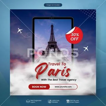 Dreamy eiffel tower travel advertisement with discount offer PSD Template