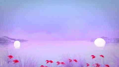 Dreamy Fantasy Landscape Loop Red Flowers Lake Glowing Orbs Pastel Sky Video stock 341817100