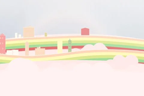 Dreamy floating city with floating mountain ridge, mechanical rooftops, and laye Stock Illustration