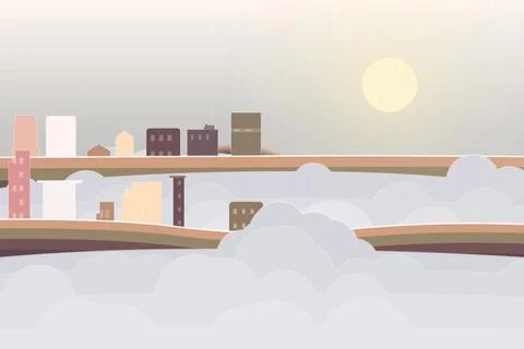 Dreamy floating city with soft sky depth, notched blocks, and layered bottom clo Stock Illustration