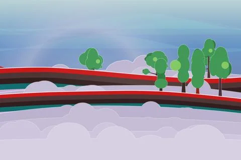 Dreamy floating forest with curved rainbow road, layered bottom clouds, and auro Stock Illustration