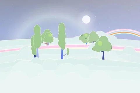 Dreamy floating forest with curved rainbow road, layered bottom clouds, and twil Stock Illustration
