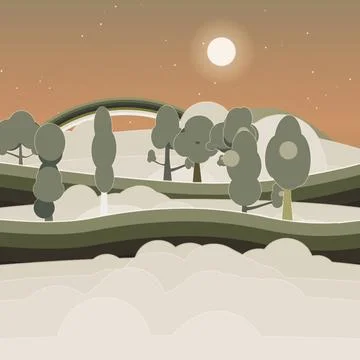 Dreamy floating forest with twilight sky, classic, and curved rainbow road Stock Illustration