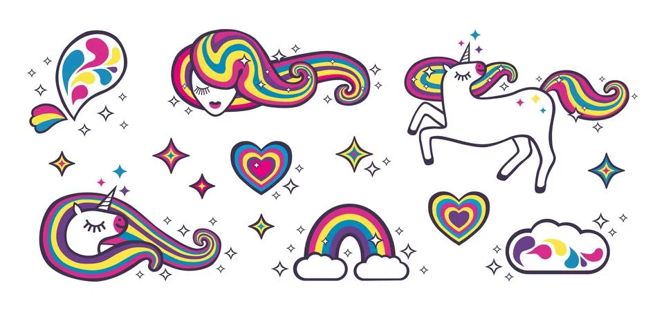 Dreamy rainbow sticker set. Vector cartoon flat illustration for prints, st.. Stock Illustration
