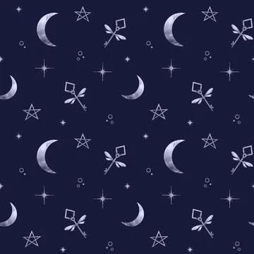 Dreamy seamless pattern featuring moons, stars, and delicate dragonflies Stock Illustration