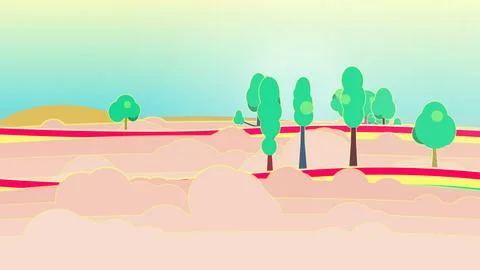 Dreamy sky forest backdrop with curved rainbow road, layered bottom clouds, and Stock Illustration