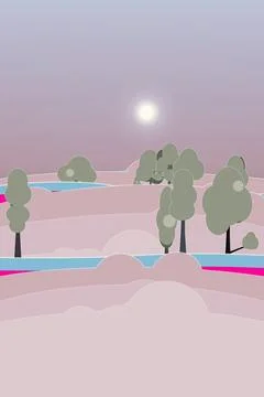 Dreamy sky forest backdrop with sunset sky, classic, and curved rainbow road Stock Illustration