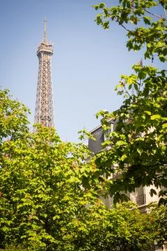 Dreamy spring details of the Eiffel Tower from the city - Paris 스톡 사진