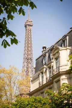 Dreamy spring details of the Eiffel Tower from the city - Paris Stock Photos