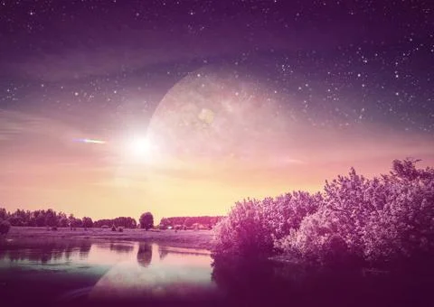 Dreamy sunset on river and planet 스톡 일러스트