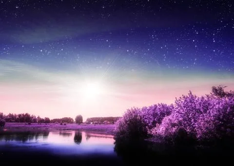 Dreamy sunset on the river Stock Illustration