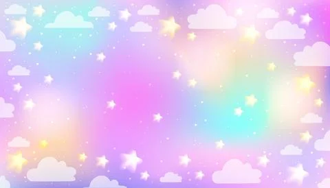 Dreamy unicorn sky background. Magic rainbow landscape with clouds and stars Stock Illustration