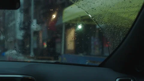 Dreary day left side windshield view passing nyc establishments 스톡 동영상 251223332