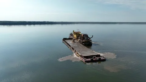A dredger for extracting river sand and cleaning the river bottom. Stock Footage 220981206