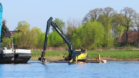 Dredger on the river. Cleaning the bottom. Neman river Stock Footage 239846540