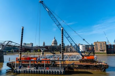 Dredger on River Thames. View from viewed from south bank in London Stock Photos