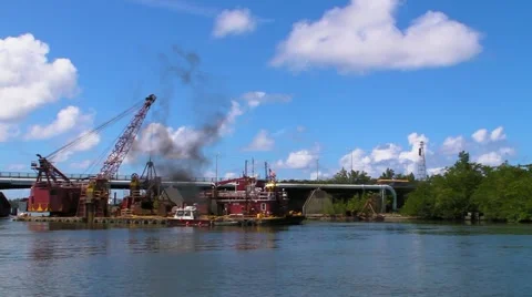 Dredging Barge - Dredge Crane Platform and Crane in Mangrove River-2 Stock Footage 1827848