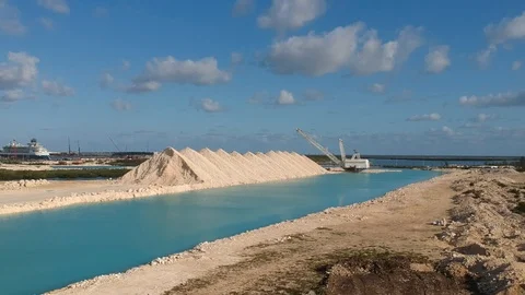 Dredging Crane and Heavy Machinery at Fishing Hole Road, Grand Bahama Drone View Stock Footage 89655498