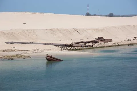Dredging equipment on the shores of the Suez Canal Stock Photos