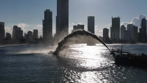 Dredging Ship Pumping Sand on Gold Coast Beach Stock Footage 309505103