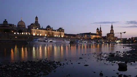 Dresden,  Elbe River  4K timelapse, at night. Stock Footage 92381360