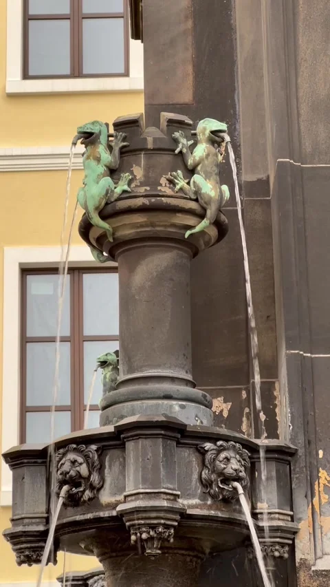 Dresden, Germany - April 29, 2023: Ornate Lion Head Fountain Видео 346317421