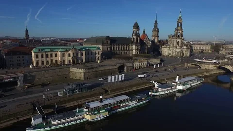Dresden, the old city beside the river and the bridge on a sunnny day, aerial. Stock Footage 80596213