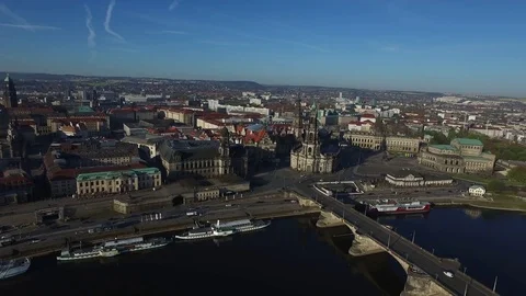 Dresden panoramic shot of the old city beside the Elbe river, aerial. Video stock 80595659