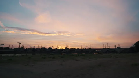 Dresden river area with train trails while sunset Stock Footage 204101016