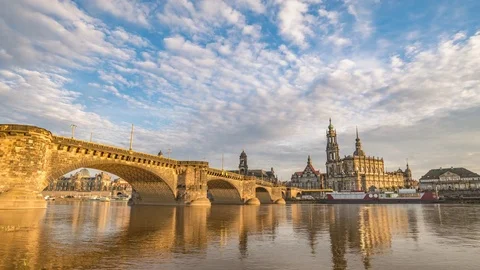 Dresden skyline timelapse Elbe River and Augustus Bridge, Germany 4K Time lapse Stock Footage 84576941