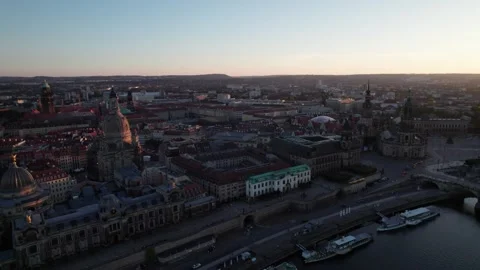 Dresden Sunset Panning Drone Shot - Golden Hour Over a Historic City Stock Footage 255184549