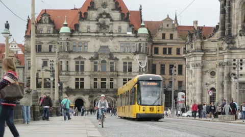 Dresden. Tram, people, old architecture. Stockbeeldmateriaal 50234341