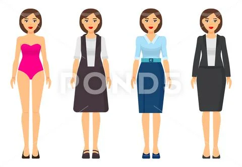 Dresscode of businesswoman or businesslady, set of clothes, woman in underwear Stock Illustration