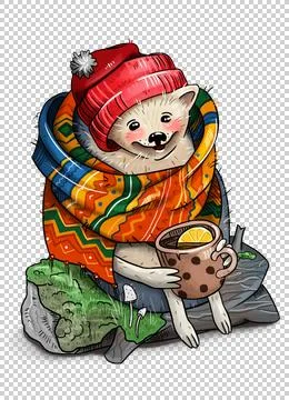 Dressed hedgehog with mug on the stump Stock-Illustration