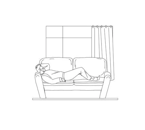 Dressed man procrastinating on sofa outline vector Stock-Illustration
