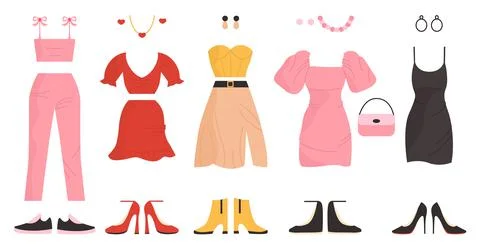 Dresses, blouse skirt suits, top pants shoes set Stock Illustration
