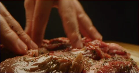 Dressing beef with spices and oil, marinate meat Stock Footage 126291920