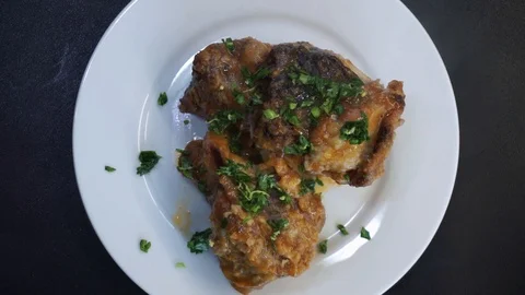 Dressing braised beef ribs overhead Stock Footage 120462368