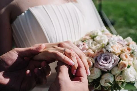 Dressing up the rings at the wedding ceremony close up.Wedding rings, wedding Stock Photos