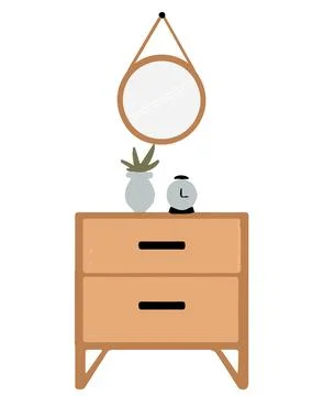 Dressing table and mirror have plant pots and clocks. Stock Illustration